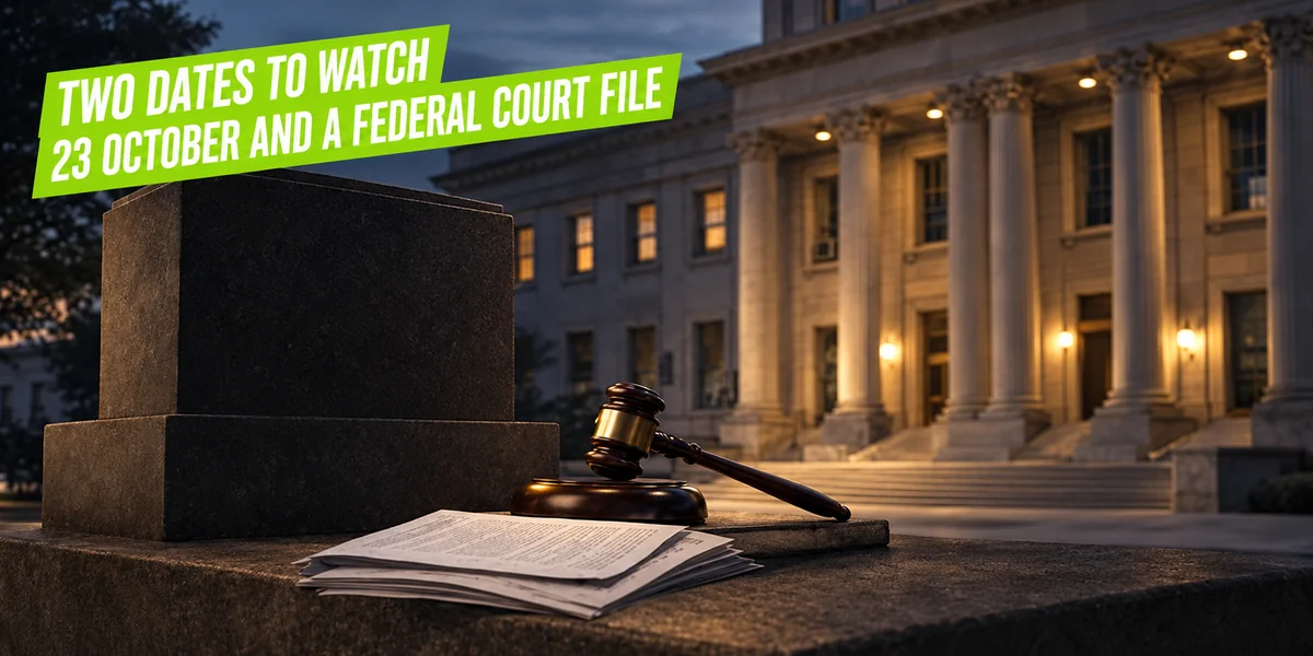 A gavel and a stack of legal papers on a stone ledge in front of a columned courthouse at dusk