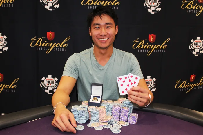 Rampage Poker WSOP Circuit Ring Bicycle Casino Ethan Rampage Yau with his WSOP Circuit ring and winning cards at the Bicycle Casino in March 2022