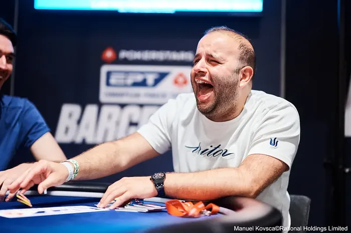 Kayhan Mokri EPT Barcelona laughing Kayhan Mokri laughing at the table at EPT Barcelona