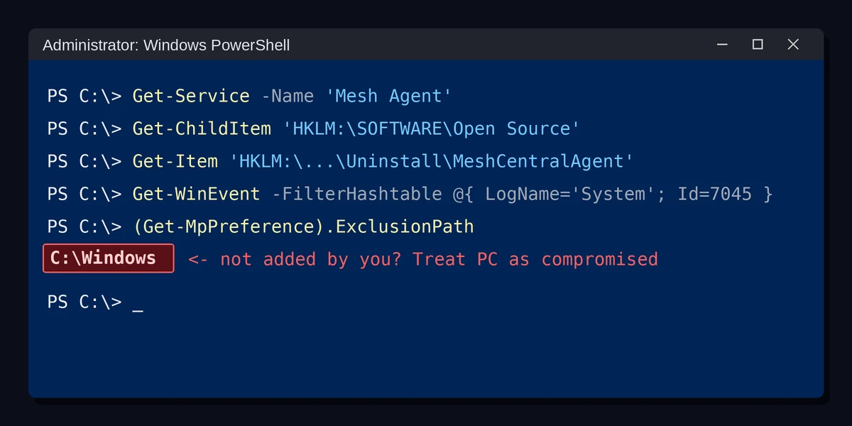 PowerShell checks for the Mesh Agent service, MeshCentral registry keys and a Defender exclusion on C:\Windows