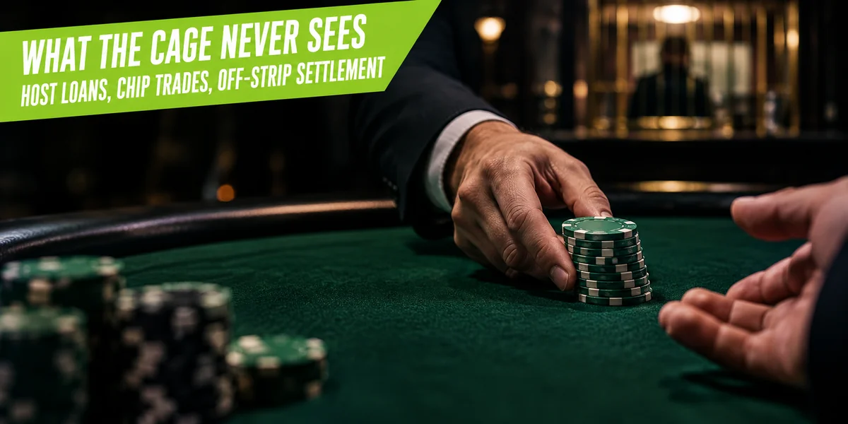 A player passes a stack of green poker chips to another at a casino table while the cashier cage sits out of focus behind them