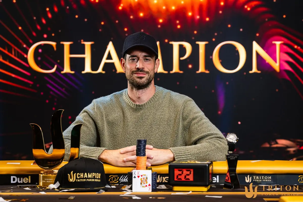 Nick Schulman, Triton Jeju II Main Event champion Nick Schulman with the Triton Main Event trophy, champion cap and Jacob and Co timepiece after winning the $100,000 Jeju II Main Event