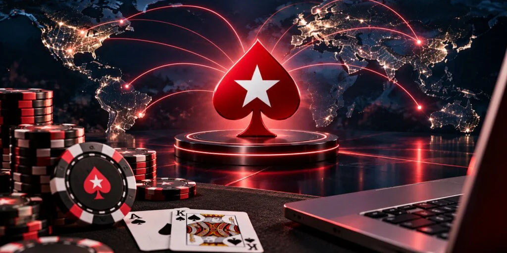 The PokerStars Network: one player pool across licensed markets Red PokerStars spade on a lit plinth with connection lines arcing across a world map, beside chips, cards and a laptop