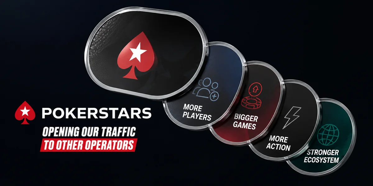 PokerStars: opening our traffic to other operators Illustration for the PokerStars Network launch reading opening our traffic to other operators, with panels for more players, bigger games, more action and stronger ecosystem
