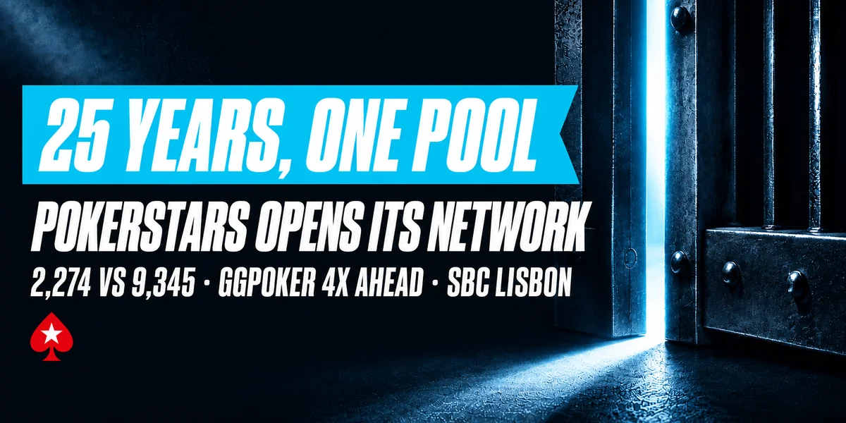 PokerStars Network opens to outside operators after 25 years: a steel gate opening onto light, with 2,274 vs 9,345 cash players showing GGPoker 4x ahead before SBC Lisbon