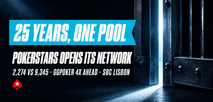PokerStars Network opens to outside operators after 25 years: a steel gate opening onto light beside the PokerStars spade, with the numbers 2,274 vs 9,345 showing GGPoker four times ahead before SBC Lisbon