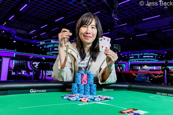 Skye Chen WSOP 2026 Ladies Championship Winner Skye Chen with the bracelet, the winning pocket fours and the chips after the WSOP 2026 Ladies Championship final table