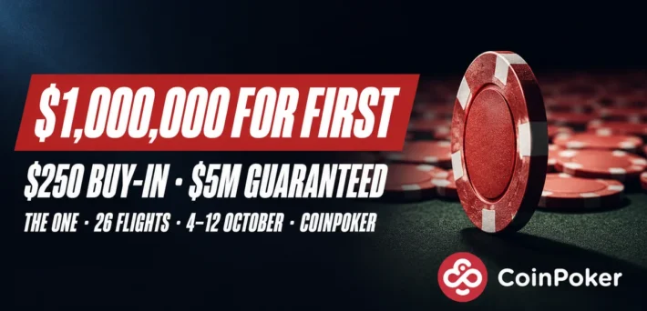 CoinPoker The One banner showing $1,000,000 for first, $250 buy-in, $5M guaranteed and 26 flights from 4 to 12 October beside a red poker chip