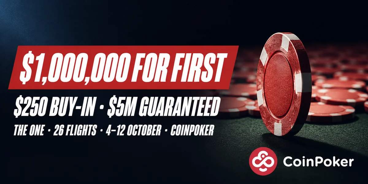 CoinPoker The One banner showing $1,000,000 for first, $250 buy-in, $5M guaranteed and 26 flights from 4 to 12 October beside a red poker chip