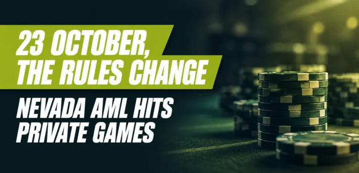 23 October, the rules change: Nevada AML hits private games, with stacked green poker chips on a casino table