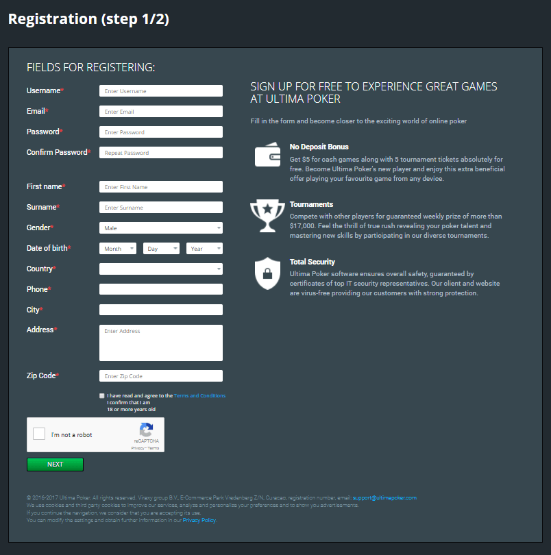 Ultima Poker Registration Step 2
