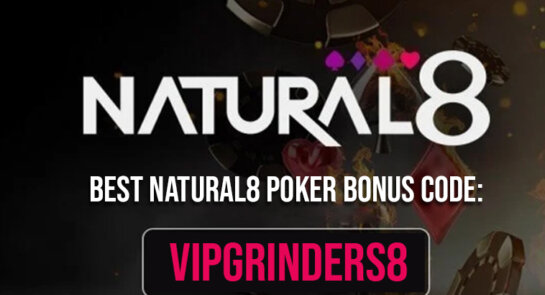 Natural8 poker bonus banner featuring VIPGRINDERS8 promo code highlighted as the best Natural8 poker bonus code, with casino chips and cards in the background promoting exclusive online poker rewards