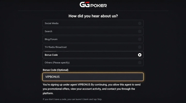 BetKings registration completing on the GGPoker client GGPoker client sign up screen shown at the end of BetKings registration, with VIPBONUS entered in the optional code field
