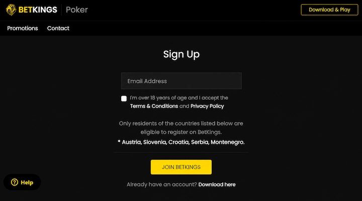 BetKings signup form country restriction BetKings Sign Up form showing the eligibility notice that only residents of Austria, Slovenia, Croatia, Serbia and Montenegro can register, above the Join BetKings button
