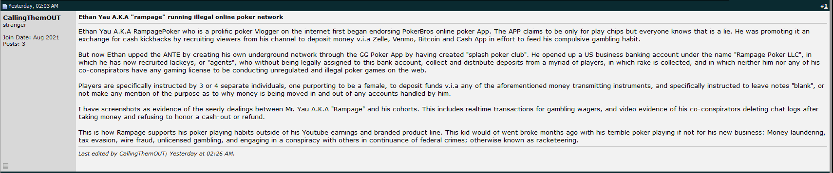 O Youtuber Ethan Yau, também conhecido como "Rampage", Executa a Rede Ilegal de Poker Online