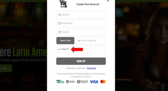 Ya Poker account creation form showing nickname, email, password, and verification code fields with the VIPELITE promo code entered, demonstrating how to apply a poker bonus code during registration to unlock a welcome offer