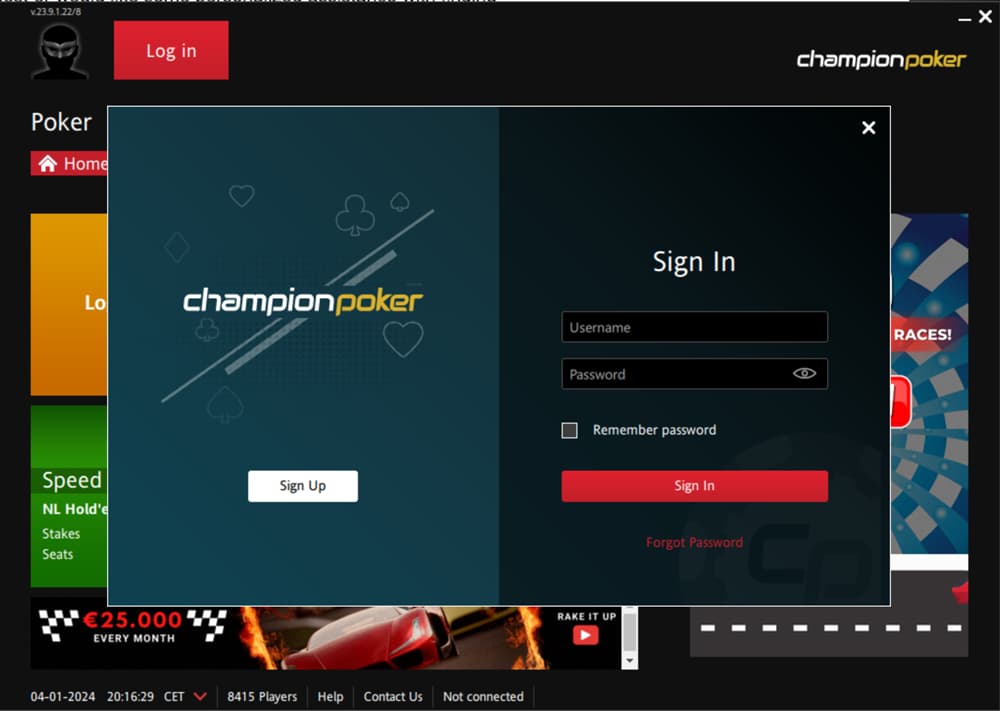 ChampionPoker Login Window