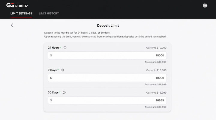 GGPoker Deposit Limit Settings GGPoker deposit limit settings screen showing 24 hour, 7 day and 30 day fields with current limits and a maximum of 16,999 dollars on each period