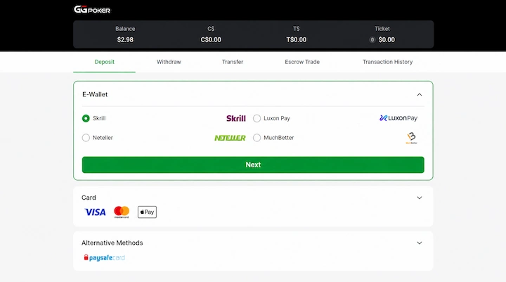 GGPoker Deposit Methods in the Cashier GGPoker cashier deposit screen on a Malta account showing E-Wallet options Skrill, Neteller, Luxon Pay and MuchBetter, a Card section with Visa, Mastercard and Apple Pay, and Paysafecard under Alternative Methods