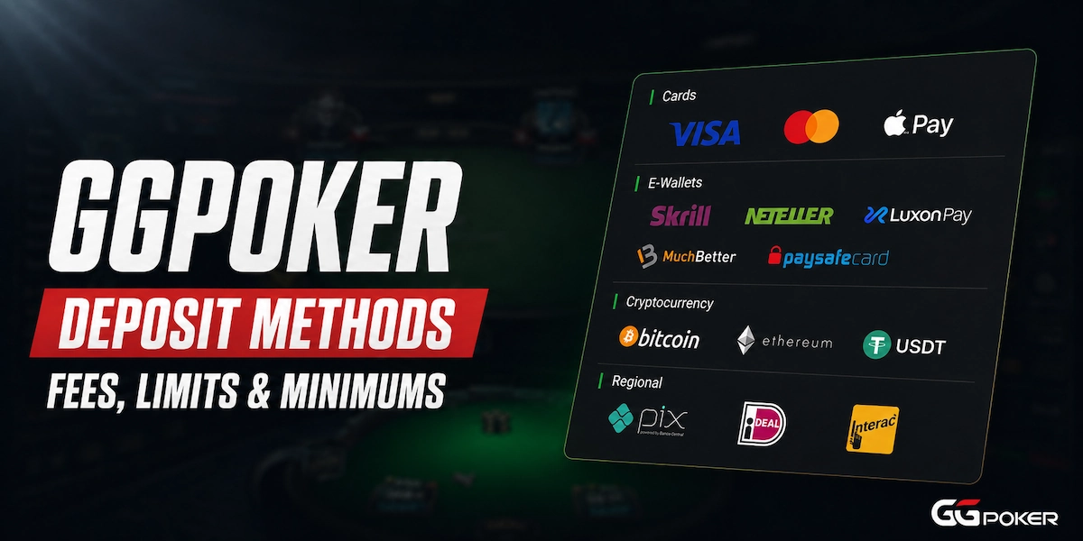 GGPoker Deposit Methods GGPoker deposit methods featured image showing cards, e-wallets, cryptocurrency and regional payment options including Visa, Mastercard, Apple Pay, Skrill, Neteller, LuxonPay, Bitcoin, Pix and iDEAL