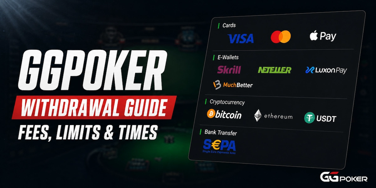 GGPoker Withdrawal Guide GGPoker withdrawal guide featured image showing cards, e-wallets, cryptocurrency and bank transfer options including Visa, Mastercard, Apple Pay, Skrill, Neteller, LuxonPay, MuchBetter, Bitcoin, Ethereum, USDT and SEPA