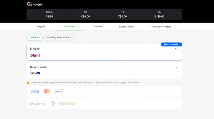 GGPoker Withdrawal Methods in the Cashier GGPoker cashier Withdraw tab showing Skrill and SEPA bank transfer available, with Visa, Mastercard, Apple Pay, LuxonPay, MuchBetter and Neteller greyed out because they were not used for deposits