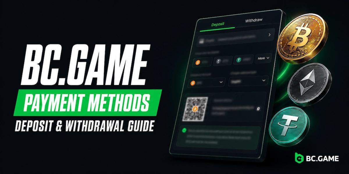 BC.Game Payment Methods Deposit and Withdrawal Guide Featured Image BC.Game Payment Methods featured image showing the BC.Game wallet cashier interface with Deposit and Withdraw tabs, BTC ETH and USDT coin selector, SegWit network dropdown, and QR code, alongside floating Bitcoin, Ethereum, and Tether coins on a dark background with BC.Game branding