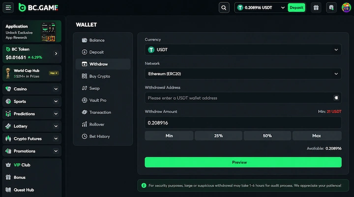 BC.Game USDT withdrawal screen showing 21 USDT minimum on ERC-20 network BC.Game Wallet Withdraw page showing USDT selected with Ethereum ERC20 network, Min 21 USDT displayed in red, Withdraw Amount field with 0.208916 balance, Preview button, and security notice about 1 to 6 hour audit for large withdrawals