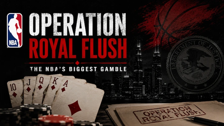 Operation Royal Flush NBA Mafia Poker Scandal Operation Royal Flush graphic showing poker cards, DOJ seal, and NBA logo representing the 2025 FBI investigation into Mafia-backed rigged poker games Title: Operation Royal Flush NBA Mafia Poker Scandal
