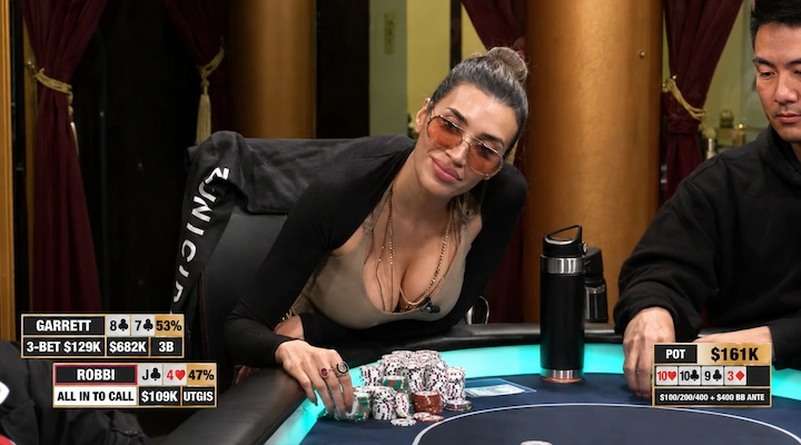 Robbi Jade Lew vs Garrett Adelstein J-4 Hand Hustler Casino Live stream screenshot showing Robbi Jade Lew's J-4 call against Garrett Adelstein's 8-7 in the controversial $269,000 pot