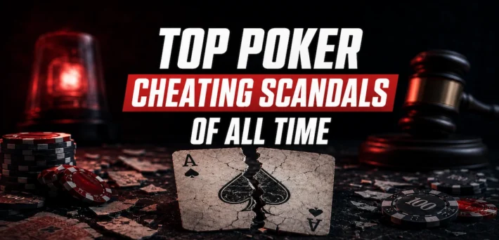 Top Poker Cheating Scandals of All Time featured image showing a cracked ace of spades, police light, and gavel