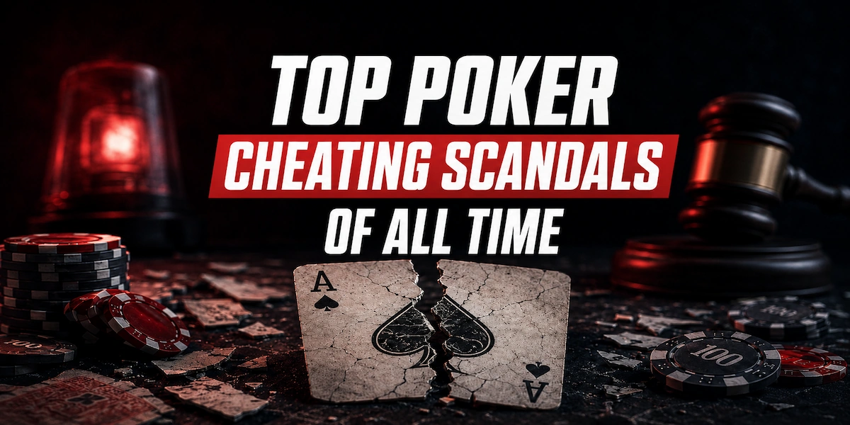 Top Poker Cheating Scandals of All Time featured image showing a cracked ace of spades, police light, and gavel