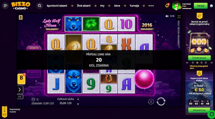 Bizzo Casino 20 kol zdarma Lady Wolf Moon Megaways Hra Lady Wolf Moon Megaways v Bizzo Casino s hláškou Připsali jsme vám 20 kol zdarma přes válce a zůstatkem 0,00 CZK v dolní liště
