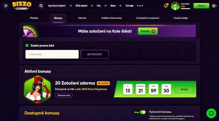 Bizzo Casino aktivní bonus odpočet 14 dní Sekce Aktivní bonusy v Bizzo Casino s kartou 20 Zatočení zdarma, odpočtem 13 dní 21 hodin 59 minut a tlačítkem Zrušit