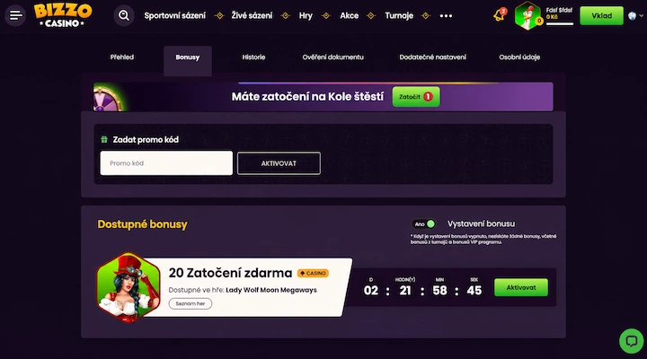 Bizzo Casino bonus bez vkladu 20 zatočení zdarma nulový zůstatek Stránka Dostupné bonusy v Bizzo Casino s kartou 20 Zatočení zdarma ve hře Lady Wolf Moon Megaways, odpočtem 2 dny 21 hodin a tlačítkem Aktivovat, nad bannerem Kola štěstí, na účtu se zůstatkem 0 Kč