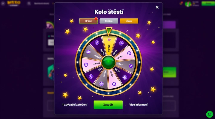 Bizzo Casino Kolo štěstí bronzové kolo Okno Kolo štěstí v Bizzo Casino s vybranou záložkou Bronz a jedním zbývajícím zatočením, segmenty pro 5, 50, 100 a 300 zatočení zdarma, 100, 200 a 500 RP a výhru 10 000 eur, vedle záložek Stříbro a Zlato
