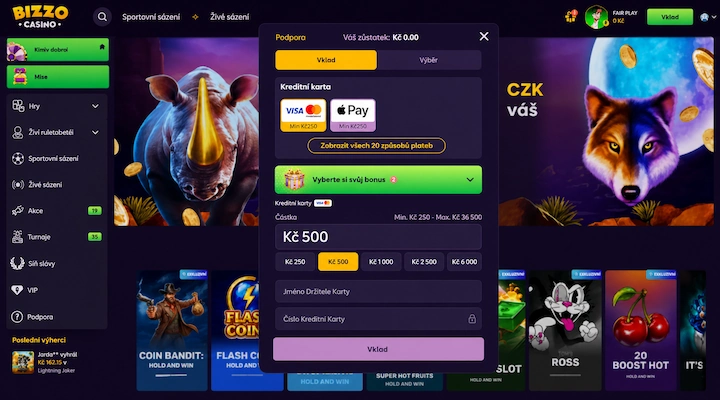 Bizzo Casino pokladna Vyberte si svůj bonus sbaleno Okno vkladu v Bizzo Casino na nulovém zůstatku s kreditní kartou a Apple Pay od 250 Kč, tlačítkem Zobrazit všech 20 způsobů plateb a sbaleným panelem Vyberte si svůj bonus s odznakem číslo 2, nad polem s částkou 500 Kč