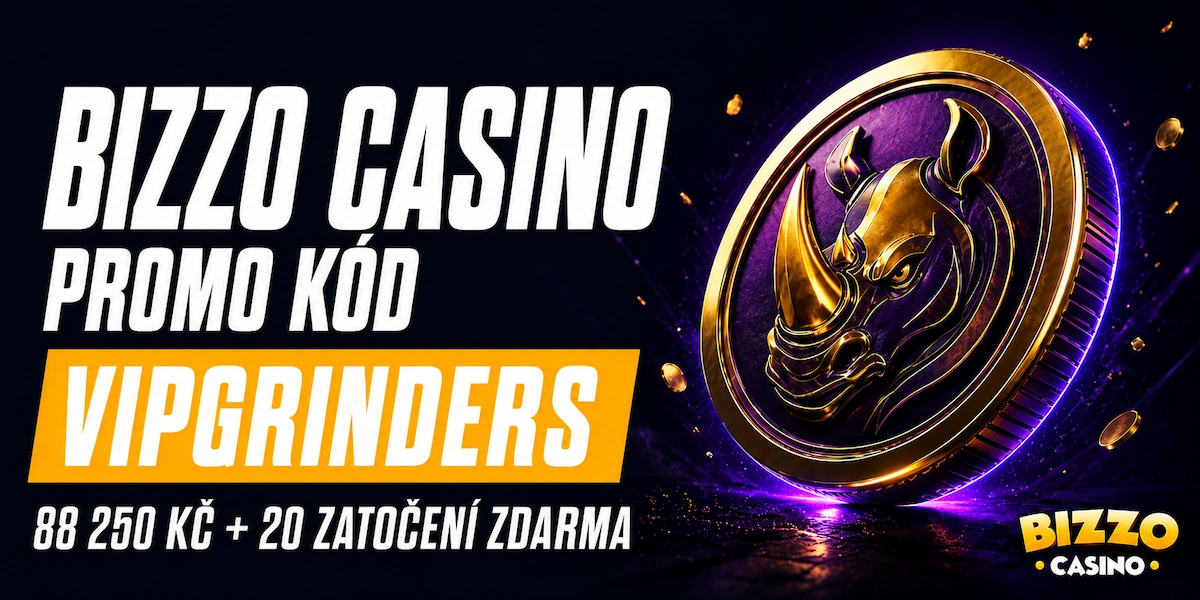 Bizzo Casino promo kód VIPGRINDERS Banner s promo kódem Bizzo Casino VIPGRINDERS nabízející 88 250 Kč a 20 zatočení zdarma, vedle zlaté mince s nosorožcem a logem Bizzo Casino
