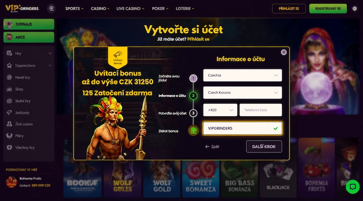 Bizzo Casino registrace promo kód VIPGRINDERS Registrační krok Informace o účtu v Bizzo Casino se samostatnými seznamy země a měny nastavenými na Czechia a Czech Koruna, předvolbou +420, polem na telefonní číslo a kódem VIPGRINDERS potvrzeným zelenou fajfkou v poli na promo kód, vedle panelu s uvítacím bonusem až do výše 31 250 Kč
