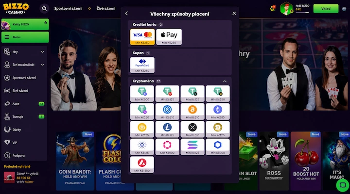 Bizzo Casino všechny způsoby placení Panel Všechny způsoby placení v Bizzo Casino se sekcemi Kreditní karta 2, Kupon 1 a Kryptoměna 17, s minimálními vklady od 125 Kč do 1 400 Kč vypsanými na jednotlivých dlaždicích