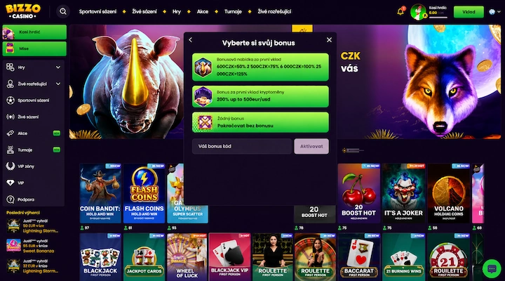 Bizzo Casino Vyberte si svůj bonus úrovně prvního vkladu Panel Vyberte si svůj bonus v Bizzo Casino s úrovněmi bonusu za první vklad 600 CZK rovná se 50 procent, 2 500 CZK rovná se 75 procent, 6 000 CZK rovná se 100 procent a 25 000 CZK rovná se 125 procent, pod ním krypto bonus za první vklad a možnost pokračovat bez bonusu