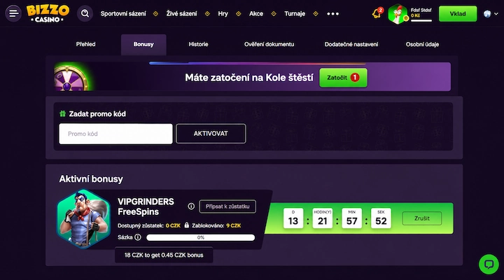 Bizzo Casino zablokovaná výhra 9 Kč Bonusová karta VIPGRINDERS FreeSpins v Bizzo Casino s Dostupným zůstatkem 0 CZK, položkou Zablokováno 9 CZK, ukazatelem sázky na 0 procentech, poznámkou 18 CZK to get 0.45 CZK bonus a odpočtem 13 dní 21 hodin