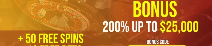 WSM Casino welcome bonus banner advertising a 200 percent bonus up to $25,000 with 50 free spins and 10 free bets, featuring roulette and sports visuals and highlighting the VIPGRINDERS bonus code for casino and sportsbook promotions