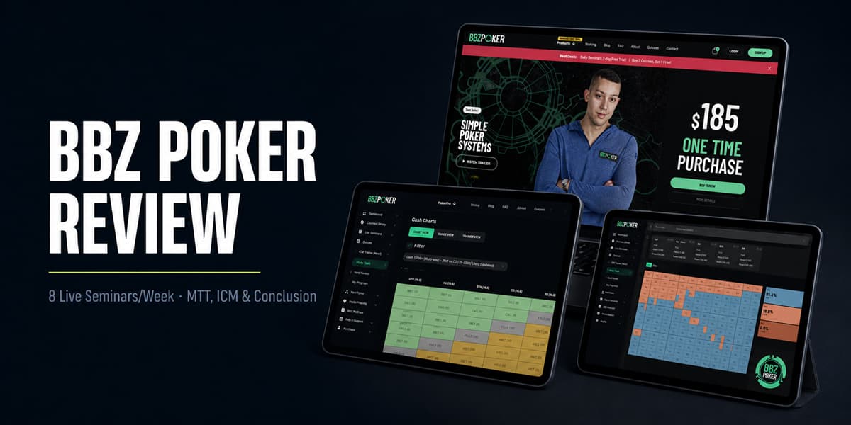 BBZ Poker review banner featuring training course screenshots, range charts, poker strategy tools, and BBZ Poker branding on a dark premium background