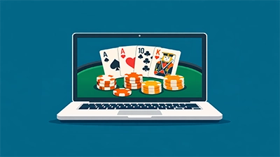 Laptop displaying an online poker table