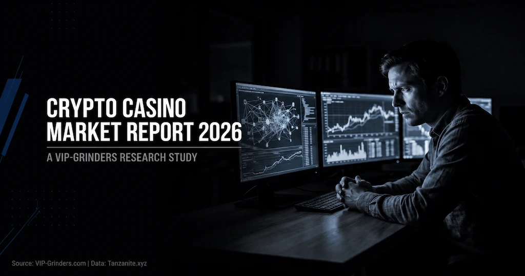 Analyst studying blockchain data and cryptocurrency charts across multiple monitors in a dark room, representing the VIP-Grinders Crypto Casino Market Report 2026