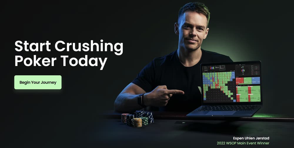 GTO Wizard homepage promotional image featuring professional poker player Espen Uhlen Jørstad (2022 WSOP Main Event winner) pointing at a laptop displaying poker solver charts and strategy ranges, with text 
