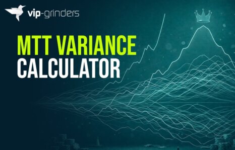 MTT variance calculator illustration with fluctuating tournament profit graphs rising toward a crowned peak, representing variance and long-term results in multi-table poker tournaments