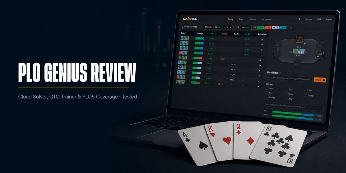 PLO Genius Featured Image PLO Genius review featured image showing the PLO Genius solver interface on a laptop with four PLO playing cards, highlighting cloud solver tools, GTO training, and PLO5 strategy analysis