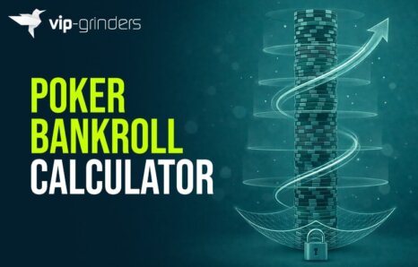 Poker bankroll calculator illustration showing a growing stack of poker chips with upward arrow and security lock, representing bankroll management and sustainable poker profit growth
